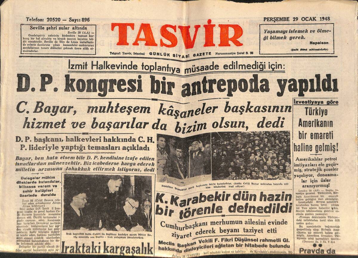 Tasvir Gazetesi 29 Ocak 1948 - Türkiye Amerika'nın Bir Emareti Haline Gelmiş! - Irak'taki Kargaşalık GZ146612 - 1
