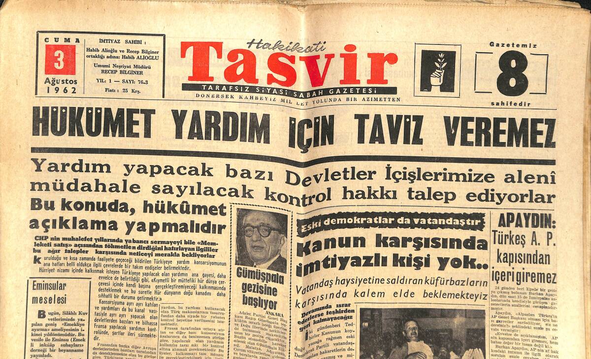 Tasvir Gazetesi 3 Ağustos 1962 - Galatasaray, Beşiktaş Ve Fenerbahçe Çalıştı - Jayne Mansfield Eşinden Ayrı Yaşayacakmış GZ144280 - 1