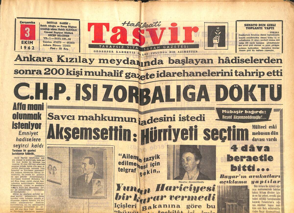 Tasvir Gazetesi 3 Ekim 1962 - İzmir'de Y.Menderes '' Eşe Dosta Muhtaç Olduk '' dedi - İnönü , Alican'ın Görüşüne Katıldı GZ144171 - 1