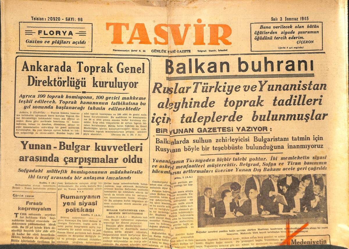 Tasvir Gazetesi 3 Temmuz 1945 - Ankara'da Toprak Genel Direktörlüğü Kuruluyor - Yugoslavların İngiliz Aleyhtarlığı Arttı! GZ144366 - 1