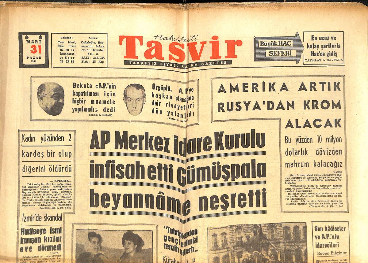 Tasvir Gazetesi 31 Mart 1963 - Amerika Artık Rusya'dan Krom Alacak - Adalet Hanım'ın Hatıra Defterinden Birkaç Yaprak GZ144259 - 1