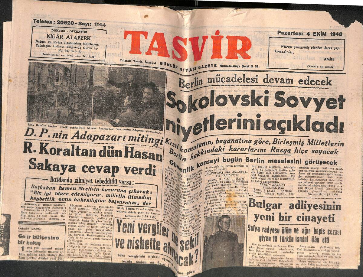 Tasvir Gazetesi 4 Ekim 1948 - R.Koraltan Dün Hasan Saka'ya Cevap Verdi - Karakucak Güreşleri Çok Çetin Oldu GZ142030 - 1