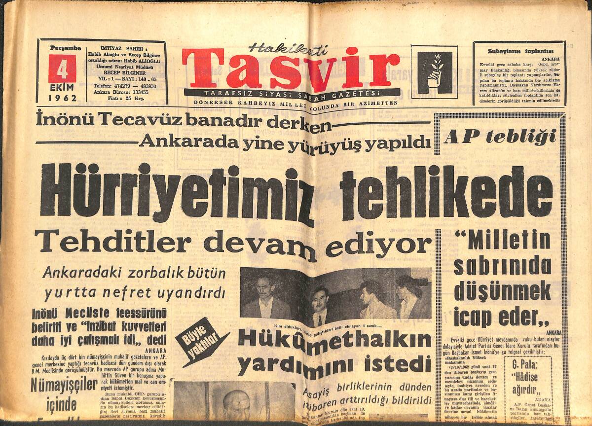 Tasvir Gazetesi 4 Ekim 1962 - Hürriyetimiz Tehlikede - Feza Yarışmasında Amerikanın Başarısı GZ144172 - 1