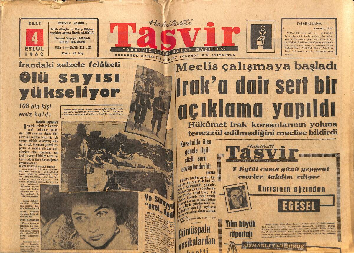 Tasvir Gazetesi 4 Eylül 1962 - Ve Süreyya Evet Dedi - Irak'a Dair Sert Bir Açıklama Yapıldı GZ148899 - 1