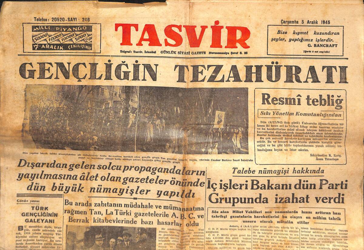 Tasvir Gazetesi 5 Aralık 1945 - İç İşleri Bakanı Parti Grubunda İzahat Verdi - Ruslar İngiltere'yi İtham Ediyorlar GZ133963 - 1