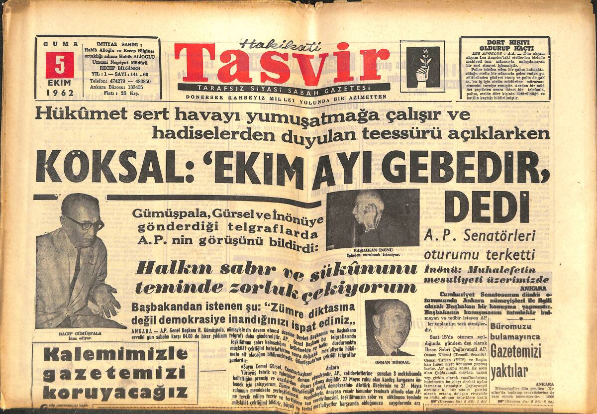 Tasvir Gazetesi 5 Ekim 1962 - Zorlu'nun Bir Davası Düştü - Tünel Seferleri İptal Edildi GZ144157 - 1