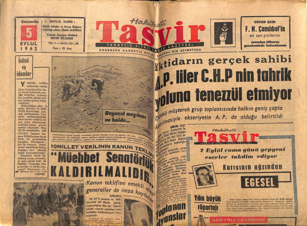 Tasvir Gazetesi 5 Eylül 1962 - AP'liler CHP'nin Tahrik Yoluna Tenezzül Etmiyor - İnönü Ve İdamlar GZ148905 - 1