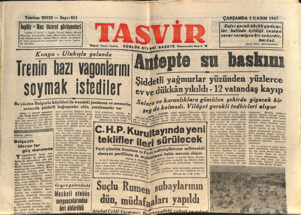 Tasvir Gazetesi 5 Kasım 1947 - Antep'e Su Baskını - İstanbul Işıksız, Susuz, Tramvaysız Ve Kısmen De Ekmeksiz Kalacak GZ146650 - 1