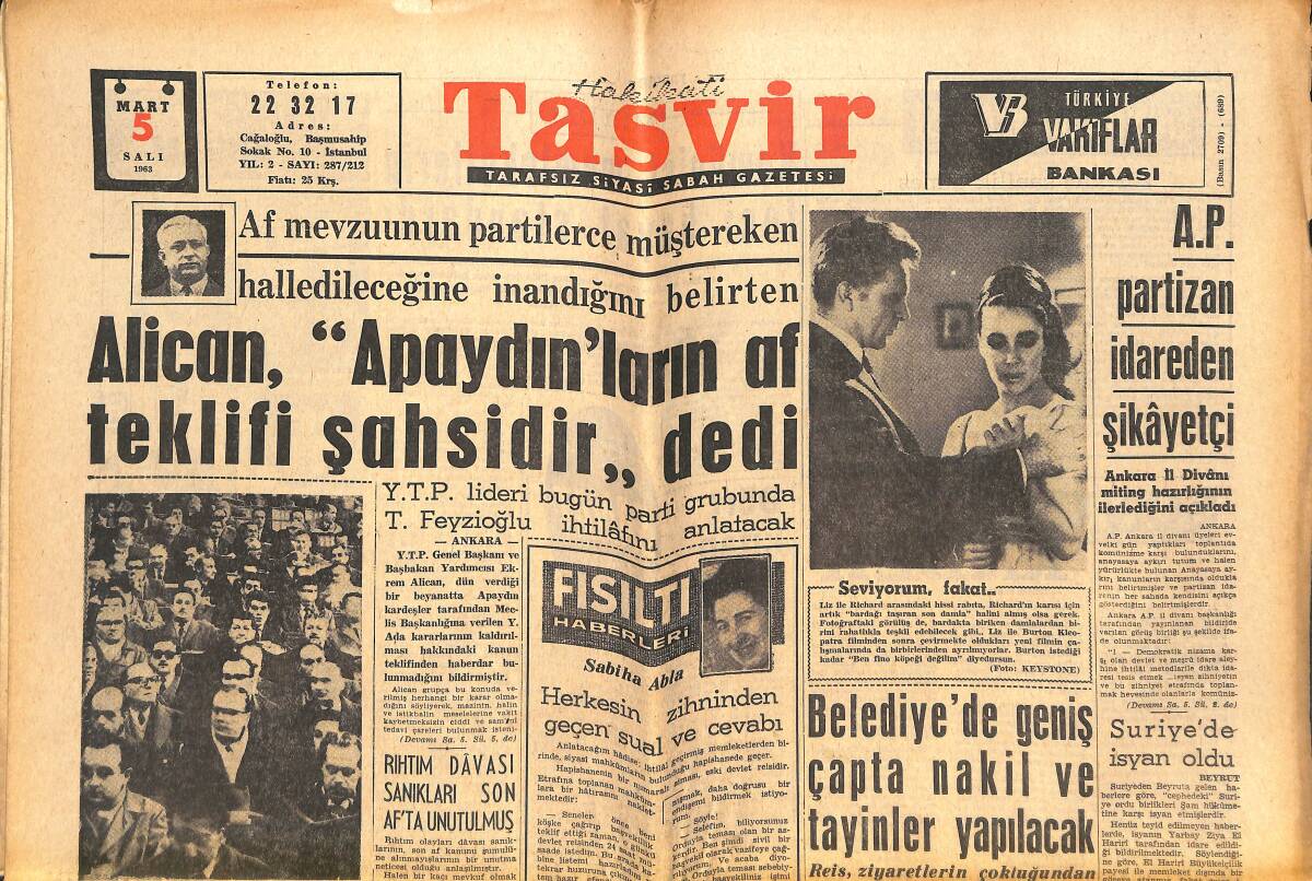 Tasvir Gazetesi 5 Mart 1963 - Liz Ve Burton Arasındaki Hissi Rabıta - Genç Milli Takımımız Dün Atina'ya Gitti GZ144295 - 1