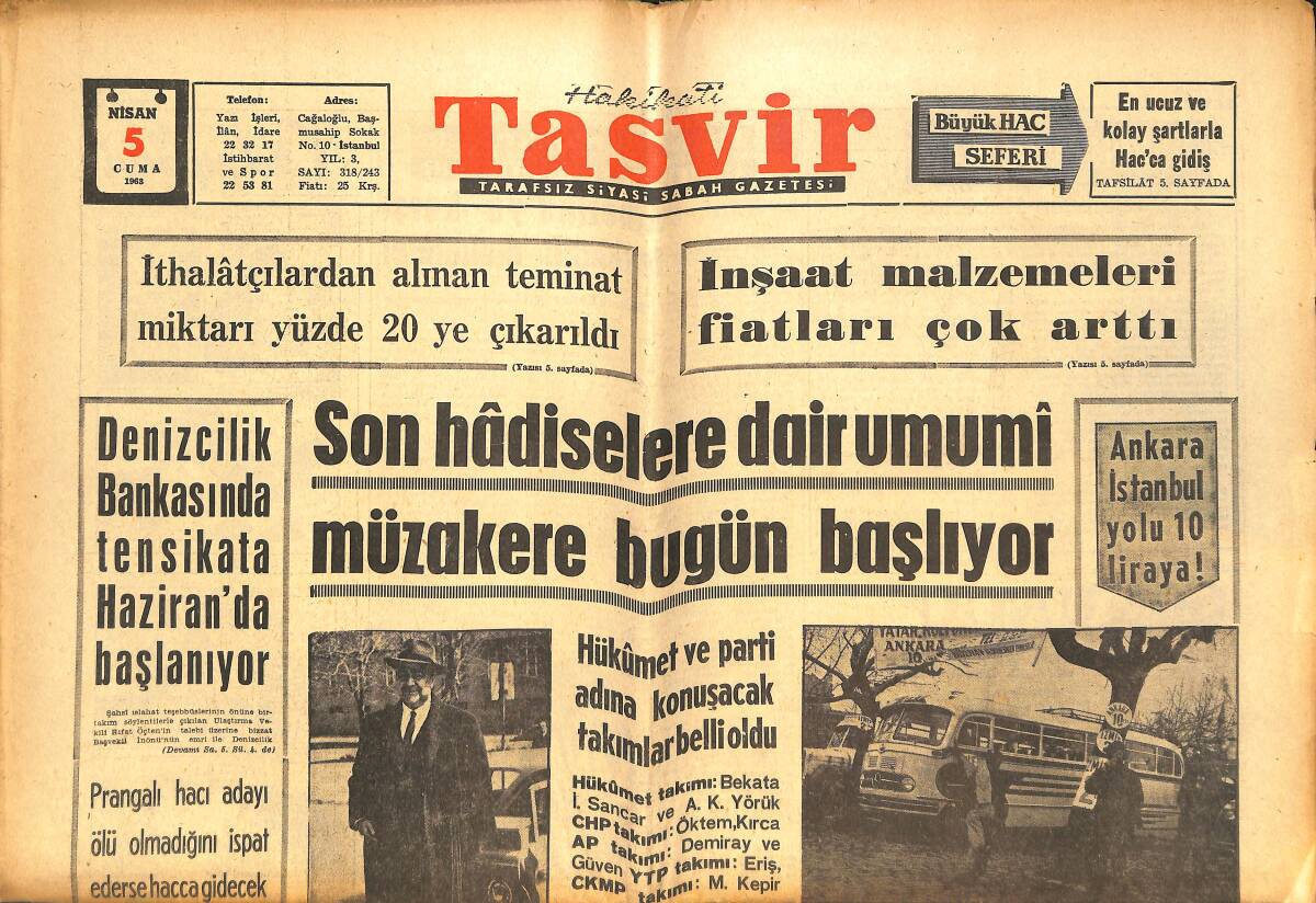 Tasvir Gazetesi 5 Nisan 1963 - Rusya Ve Çin Arası Gittikçe Bozuluyor - Galatasaray Yarın İzmir'e Gidiyor GZ144287 - 1