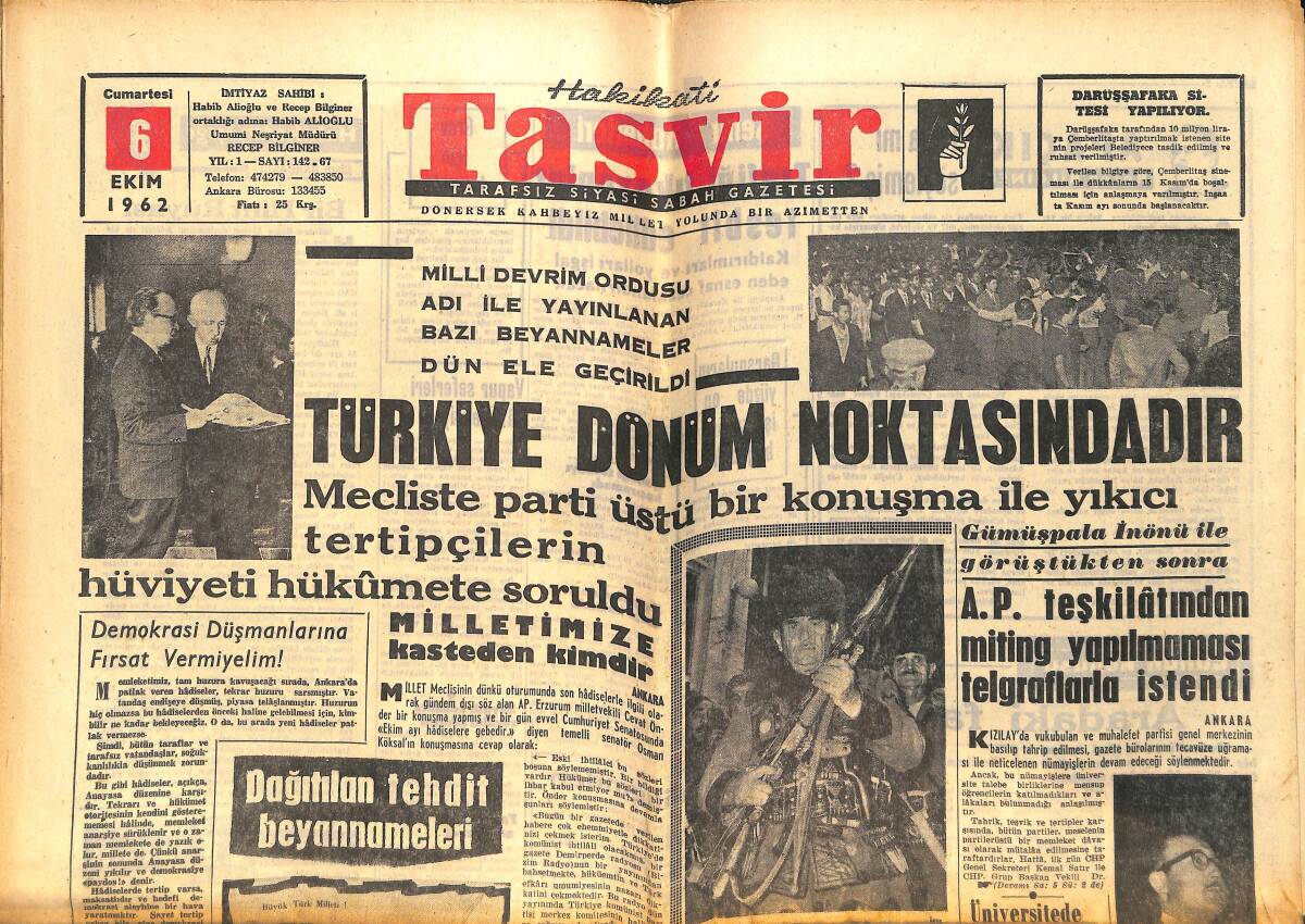 Tasvir Gazetesi 6 Ekim 1962 - Türkiye'de De Nazi Hareketi Varmış - Mısır Birliklerine Hazır Ol Emri Verildi GZ14285 - 1