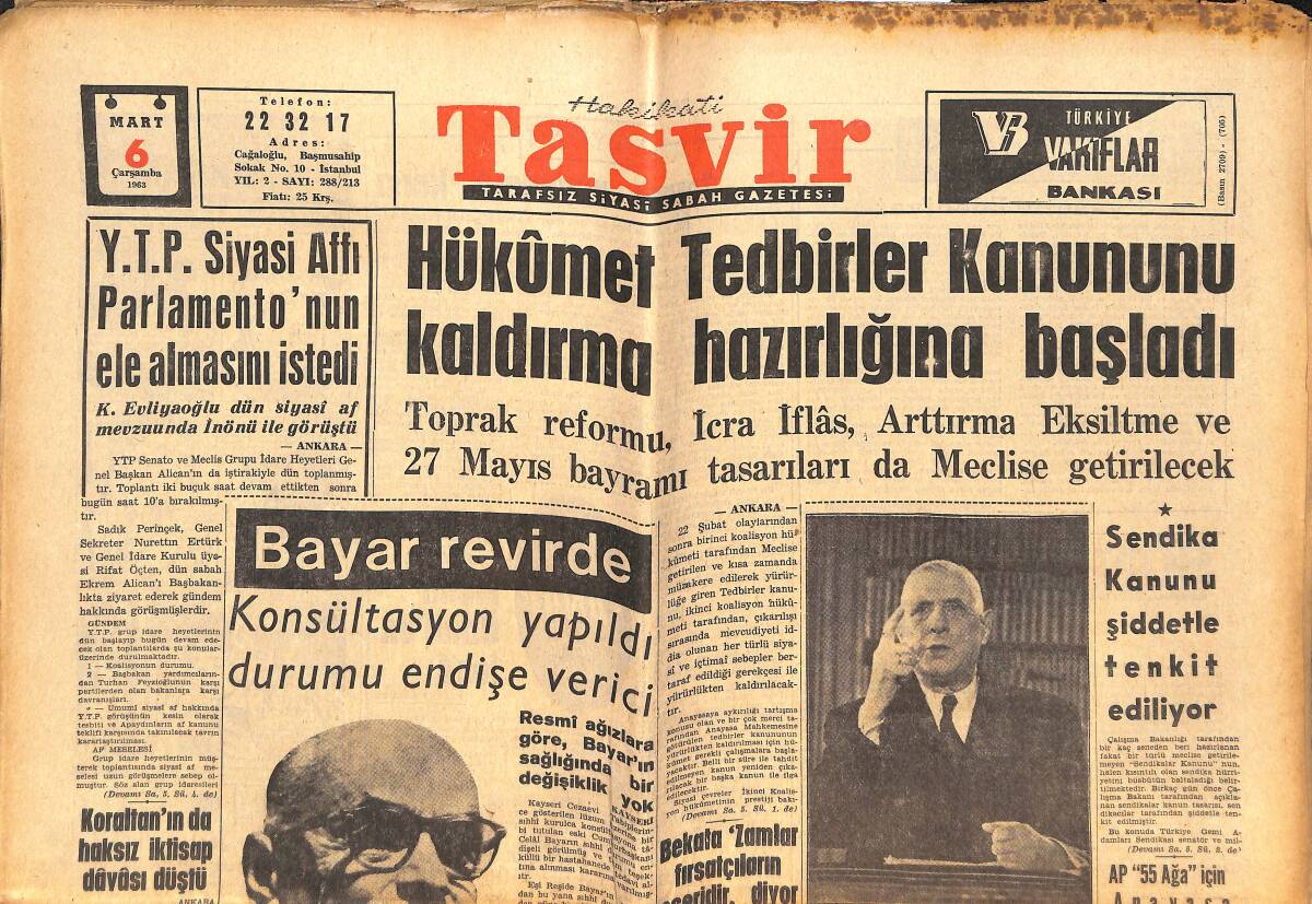 Tasvir Gazetesi 6 Mart 1963 - Kral Hüseyin'e Suikast Önlendi - Milan Galatasaray'a Karşı İstanbul'daki Tertiple Oynayacak GZ144294 - 1