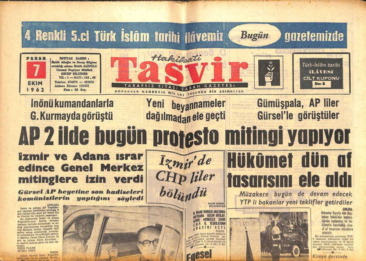 Tasvir Gazetesi 7 Ekim 1962 - Ağa Han'ın Annesi İstanbul'da - Şuursuz Mücadele'de Fenerbahçe'yi Kurtaran Lefter'in Golü Oldu GZ144272 - 1