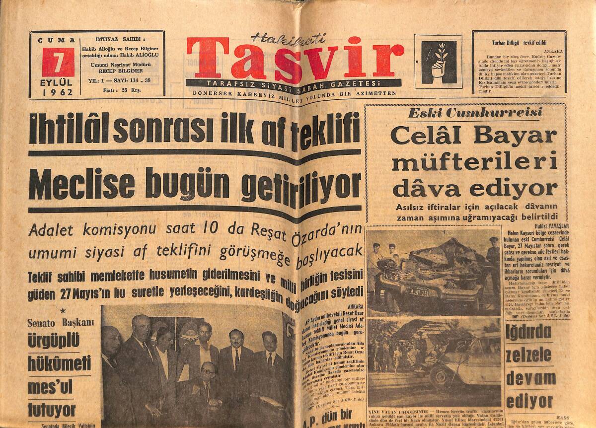 Tasvir Gazetesi 7 Eylül 1968 - Celal Bayar Müfterileri Dava Ediyor - Iğdır'da Zelzele Devam Ediyor GZ148937 - 1