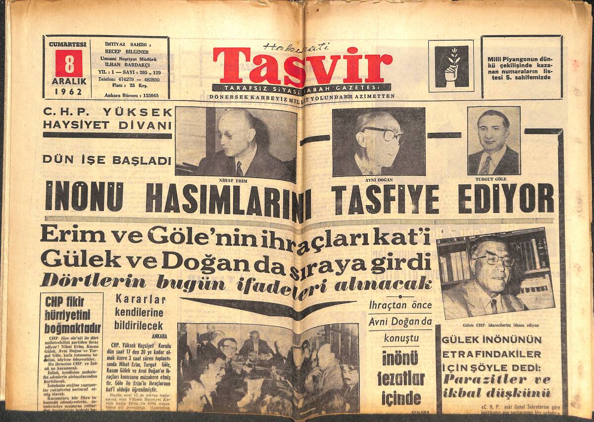 Tasvir Gazetesi 8 Aralık 1962 - İnönü Hasımlarını Tasfiye Ediyor - Oxford'da Talebelik Çok Renkli Geçiyor GZ144262 - 1