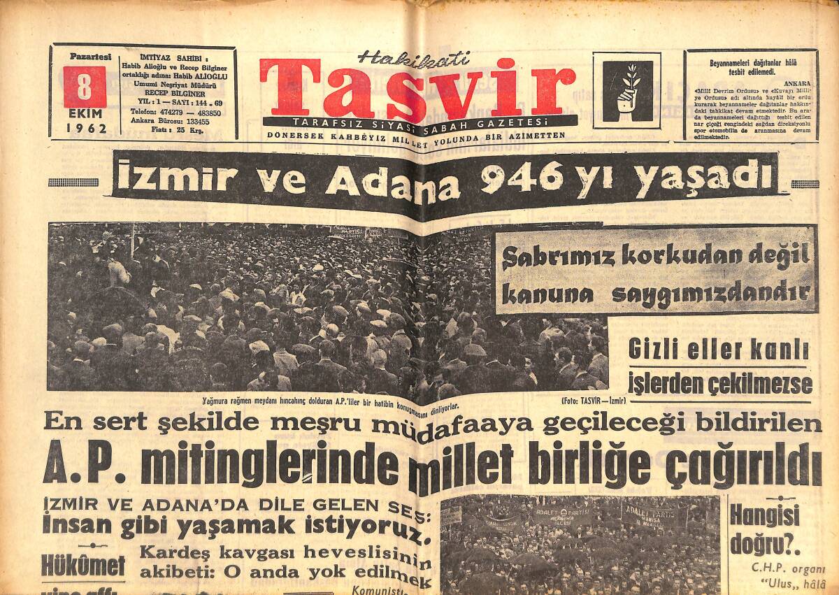 Tasvir Gazetesi 8 Ekim 1962 - K.Gülek İtiraf Etti : Vaadimizi Tutmadık - İzmir Ve Adana 946'yı Yaşadı GZ144174 - 1
