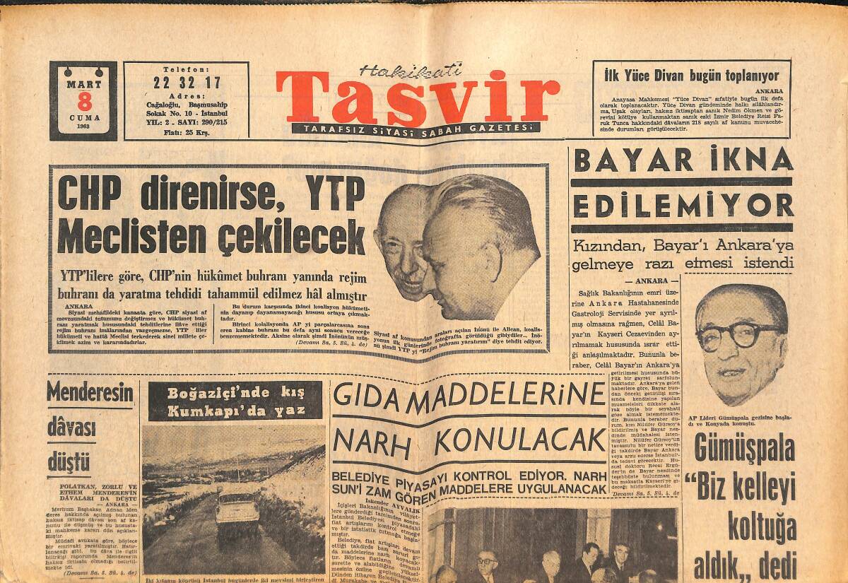 Tasvir Gazetesi 8 Mart 1963 - Bayar İkna Edilemiyor - Gıda Maddelerine Narh Konulacak GZ144047 - 1