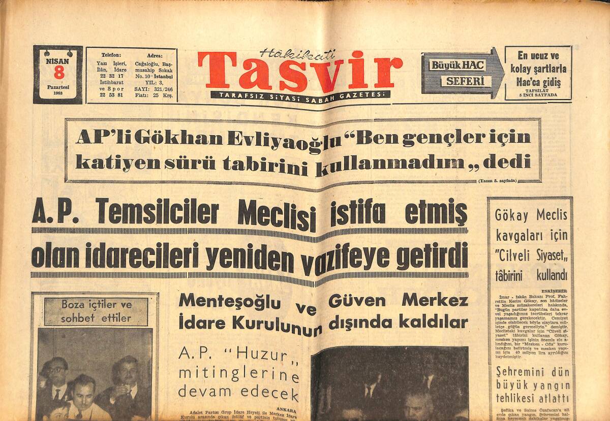 Tasvir Gazetesi 8 Nisan 1963 - YTP Toplantısında İnönü Katolik Bir Papaza Benzetildi - Adnan Pekak Türklüğe Hakaretten Aranıyor GZ144037 - 1