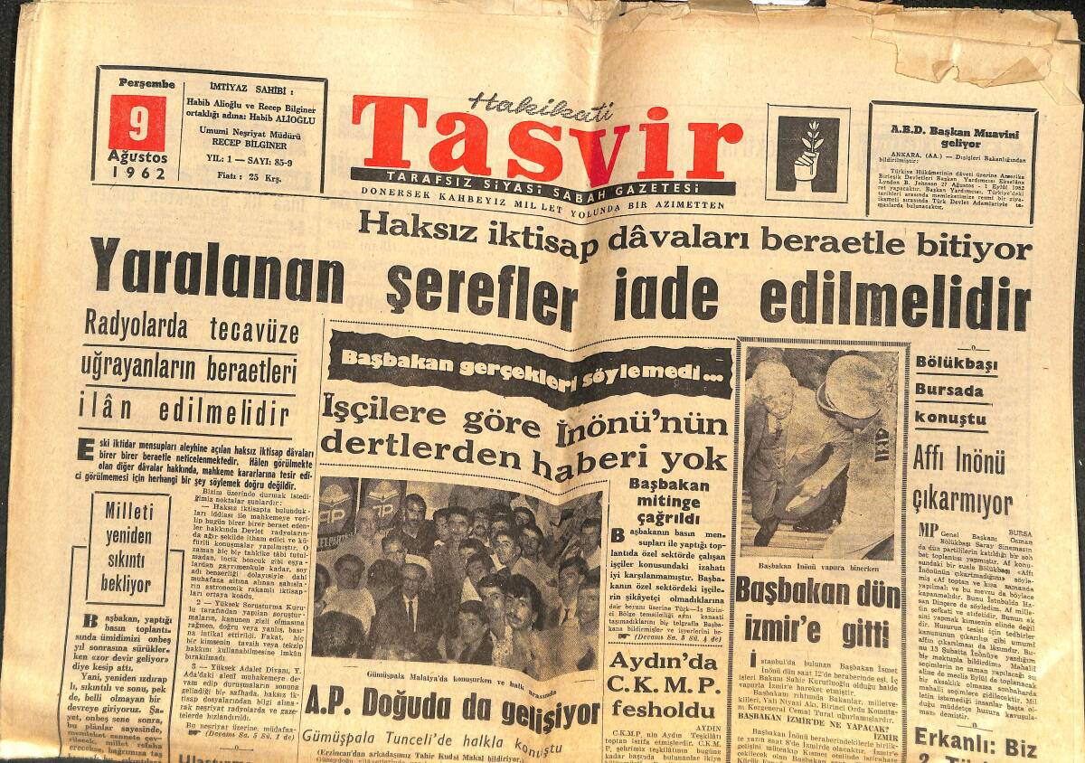 Tasvir Gazetesi 9 Ağustos 1962 - Kral Hüseyin'in Maruz Kaldığı Suikastten Mısır Mesul - İnönü Dün İzmir'e Gitti GZ144273 - 1