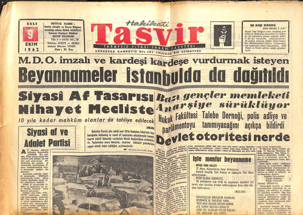 Tasvir Gazetesi 9 Ekim 1962 - Siyasi Af Tasarısı Nihayet Mecliste - Devlet Otoritesi Nerde? GZ144118 - 1