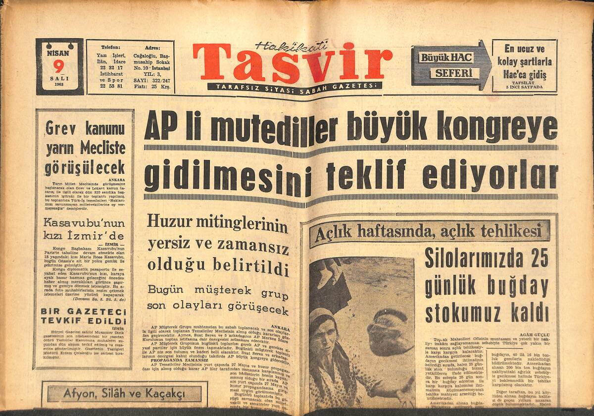 Tasvir Gazetesi 9 Nisan 1963 - Eşref Kolçak Dün Adliyeye Verildi - Grev Kanunu Yarın Mecliste Görüşülecek GZ144036 - 1