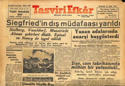 Tasviri Efkar Gazetesi 16 Eylül 1944 - Yunan Adalarında Anarşi Başgösterdi GZ71303 - 1