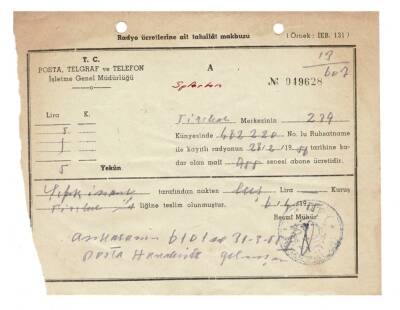 T.C PTT 1955 Yılı Radyo Sparton Radyo Ücretleri Makbuzu EFM515 - 1