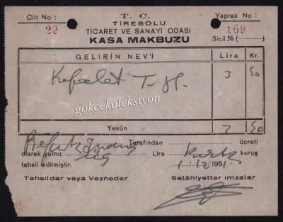 T.C Tirebolu Ticaret Ve Sanayi Odası 1951 Yılı Kasa Makbuzu EFM263 - 1