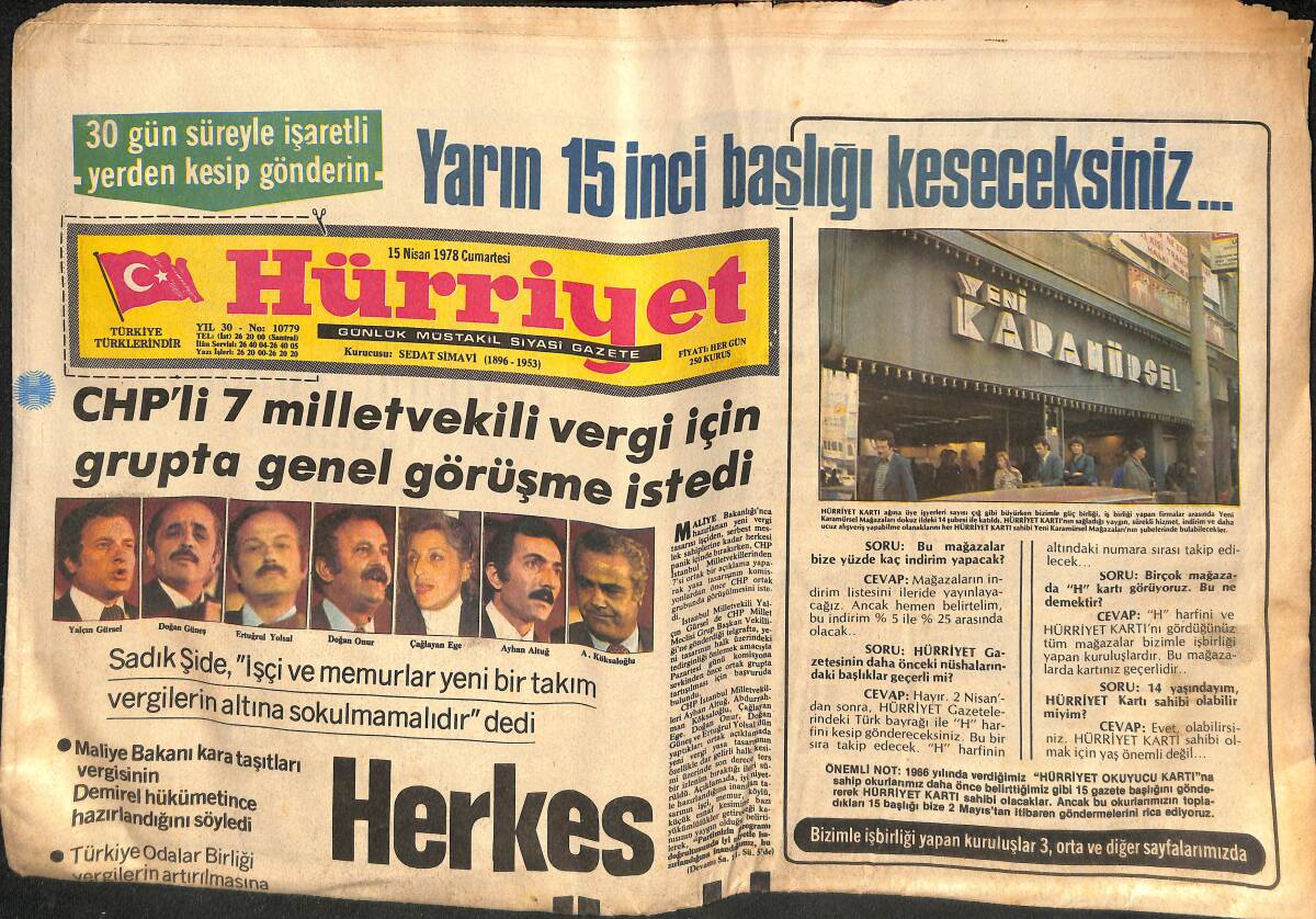 Hürriyet Gazetesi 15 Nisan 1978 - Cüneyt Arkın Dev Boy Afişi - Tito İle Görüşen Ecevit Tasarıları GZ134636 - 1