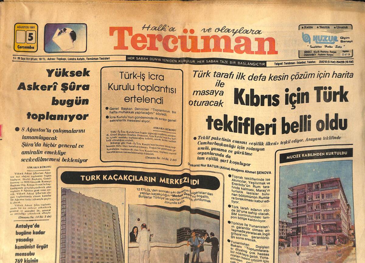 Tercüman Gazete 5 Ağustos 1981 - Yüksek Askeri Şura Bugün Toplanıyor - TSYD Kupası İçin Fenerbahçe Ve Beşiktaş Karşı Karşıya GZ133401 - 1