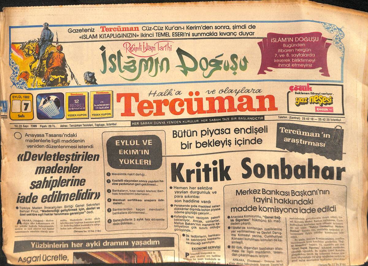 Tercüman 7 Eylül 1982 - Celal Bayar 4. Anayasa'ya Şimdiden Evet Dedi - Kenan Evren: Kanunları Yeniden Yazmak Zorundayız - Şampiyonada Sakatlık Arttı GZ132368 - 1