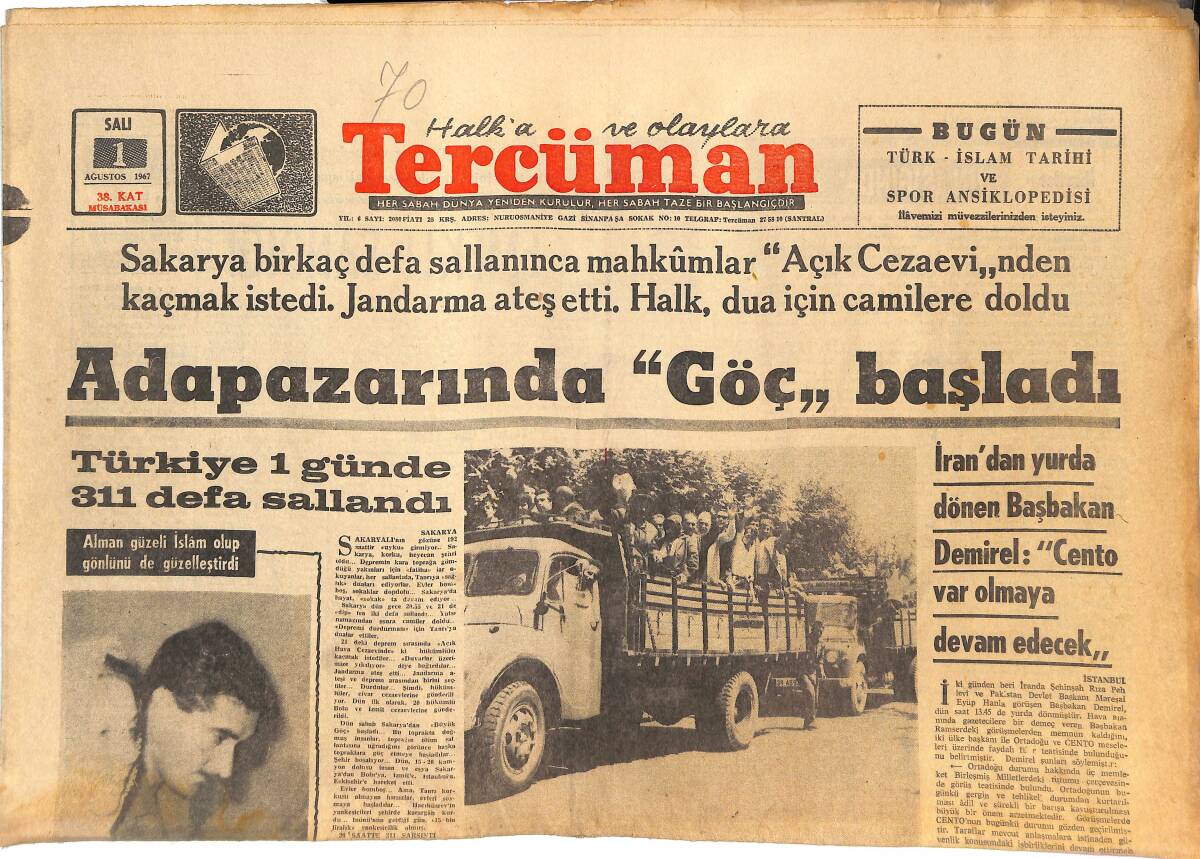 Tercüman Gazetesi 1 Ağustos 1967 - Adapazarında Göç Başladı - Trabzonlular , APAK'ı Suçlu Buluyor GZ144808 - 1