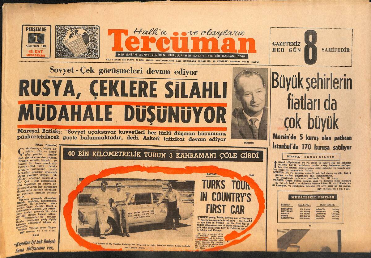 Tercüman Gazetesi 1 Ağustos 1968 - Rusya , Çeklere Silahlı Müdahale Düşünüyor - Molnar : '' Bize Bir Kupa Yeter '' GZ145466 - 1
