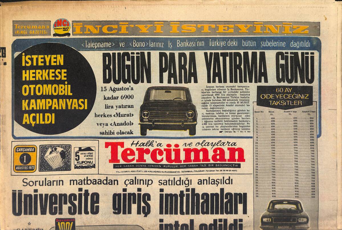 Tercüman Gazetesi 1 Ağustos 1973 - Emel Sayın Maksim Gazinosu Afiş - Üniversite Giriş İmtihanları İptal Edildi GZ146087 - 1