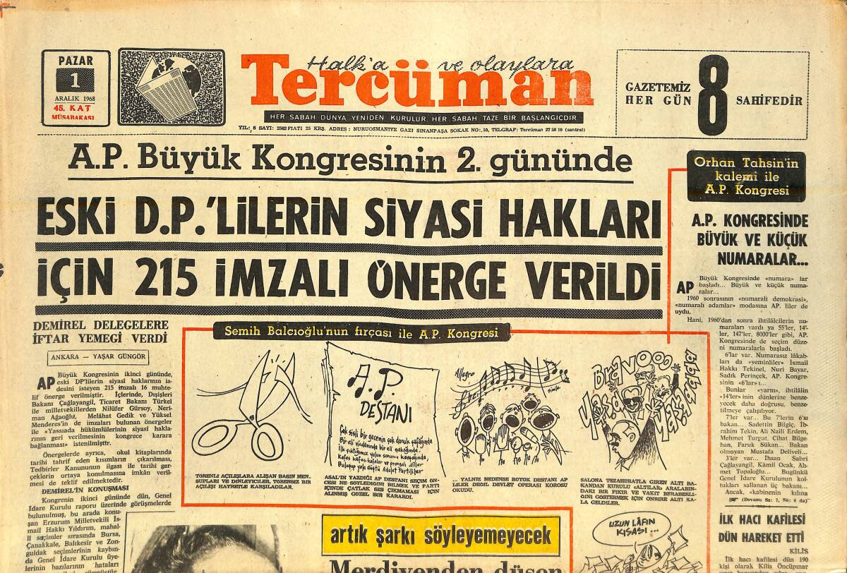 Tercüman Gazetesi 1 Aralık 1968 - İstanbul Belediyesi , Sinema Ve Plâj İşleterek Para Kazanacak - İlk Hacı Kafilesi Dün Hareket Etti GZ141736 - 1
