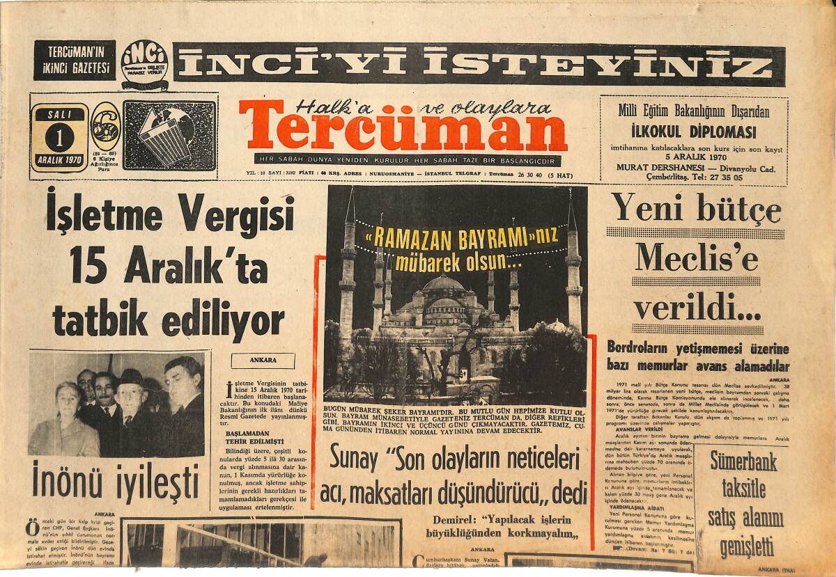 Tercüman Gazetesi 1 Aralık 1970 - İşletme Vergisi 15 Aralık'ta Tatbik Ediliyor - Kültür Sarayı'nın Suları Kazan Dairesinden Kesilmiş GZ145090 - 1