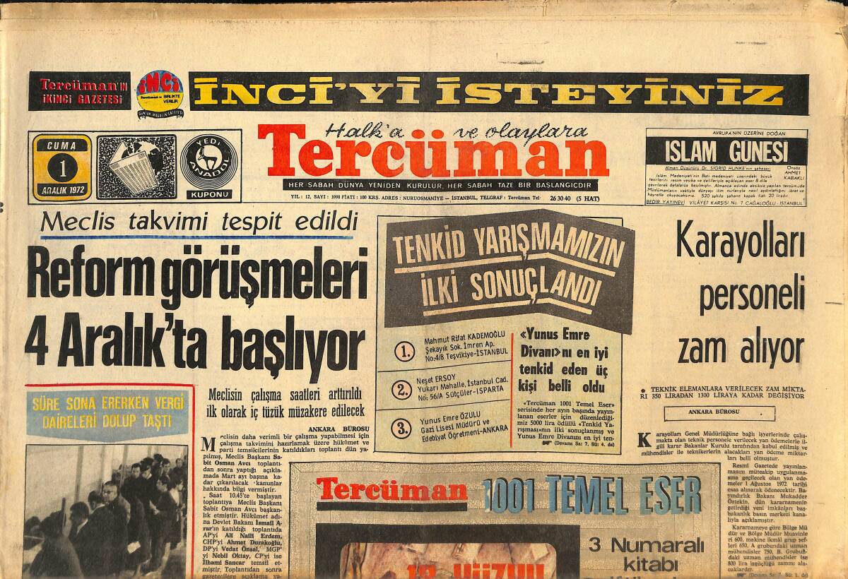 Tercüman Gazetesi 1 Aralık 1972 - Reform Görüşmeleri 4 Aralık'ta Başlıyor! - Hasan Değirmenci Dünya Ordulararası Şampiyonu Olmak Azmiyle Askere Gitti GZ145722 - 1
