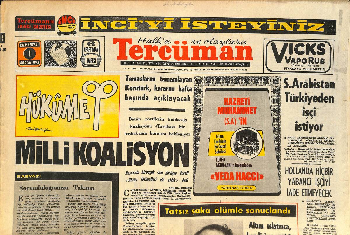 Tercüman Gazetesi 1 Aralık 1973 - Suudi Arabistan Türkiye'den İşçi İstiyor - Cemal Kamacı Avrupa'da 2 Maç Yapacak GZ145353 - 1