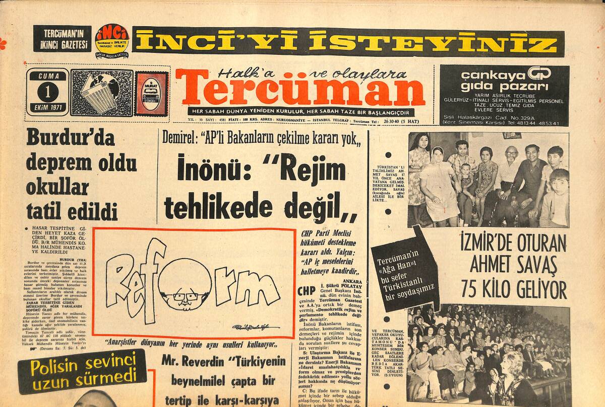 Tercüman Gazetesi 1 Ekim 1971 - Haliç'e 2 Ayda Bir Gemi İndiriliyor - Burdur'da Deprem Oldu Okullar Tatil Edildi GZ145510 - 1