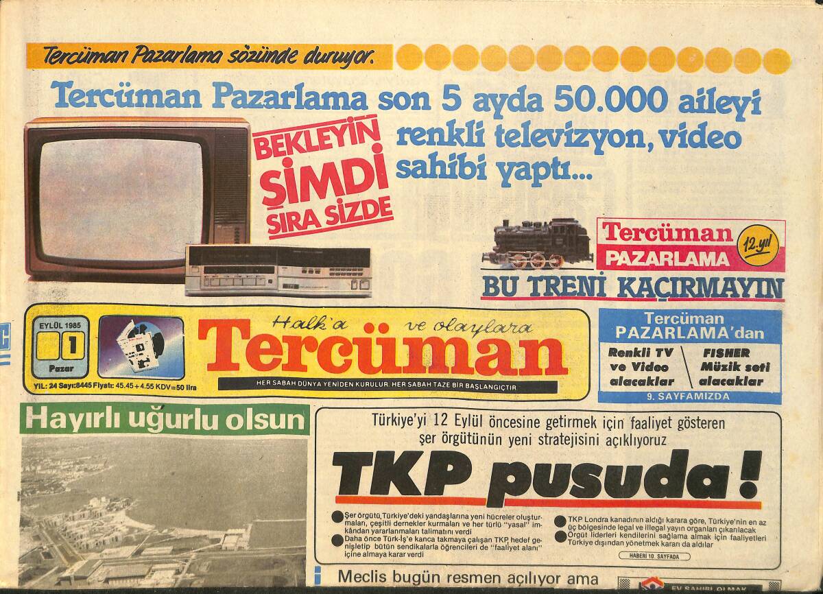 Tercüman Gazetesi 1 Eylül 1985 - Özal'a Alternatif Program Hazırlıyoruz - Casusluğa Zorlanan 5 Bin Göçmen GZ3812 - 1