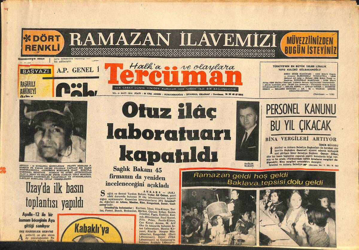 Tercüman Gazetesi 1 Kasım 1969 - Otuz İlaç Laboratuarı Kapatıldı - Göztepe'nin Tertibi Belli Oldu... GZ141467 - 1