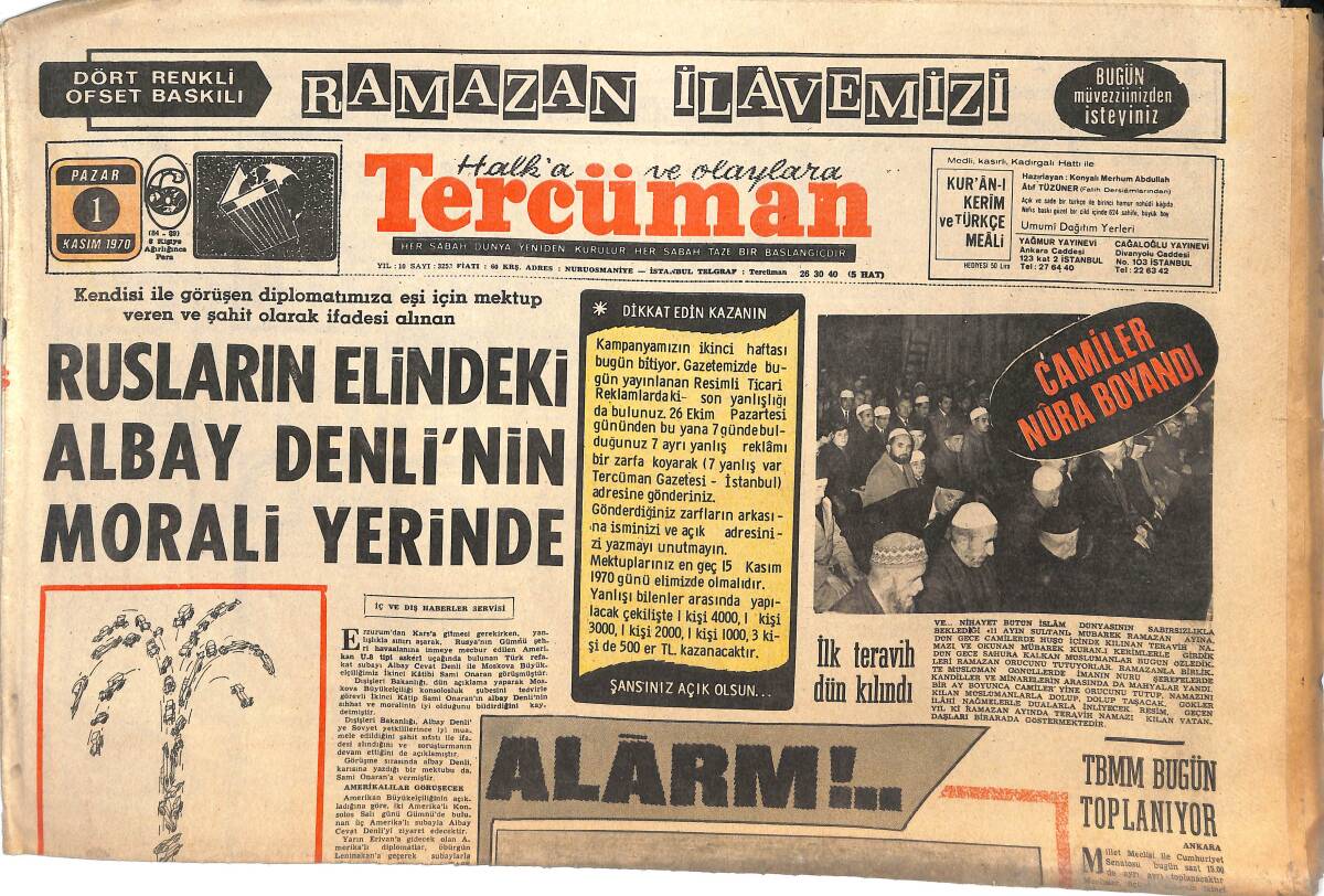 Tercüman Gazetesi 1 Kasım 1970 - Rusların Elindeki Albay Denli'nin Morali Yerinde - Kapıkule'ye Toplum Polisi Gönderildi! GZ144957 - 1