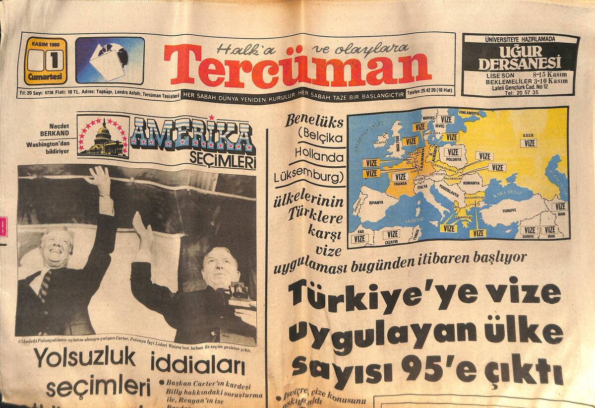 Tercüman Gazetesi 1 Kasım 1980 - Türkiye'ye Vize Uygulayan Ülke Sayısı 95 Oldu - Behice Boran Yurt Dışına Çıktı - Emel Sayın, Bedia Akartürk Ekranda GZ133265 - 1