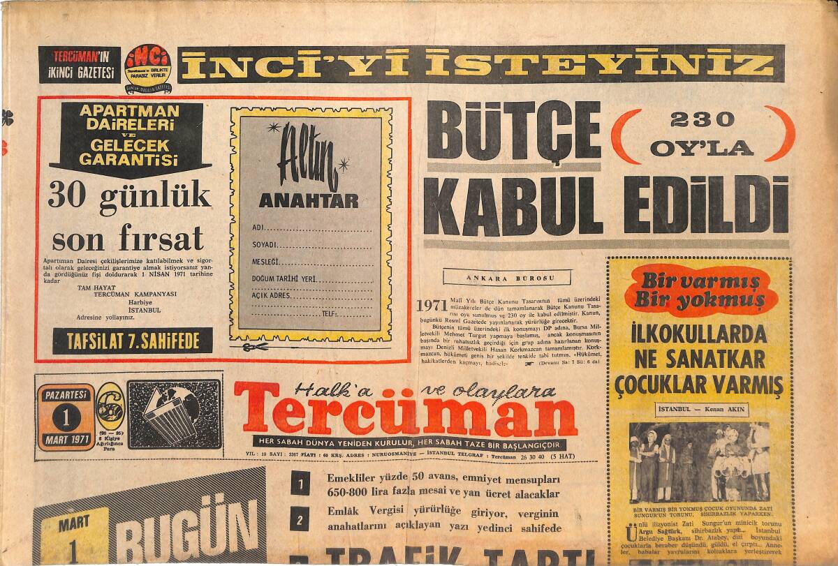 Tercüman Gazetesi 1 Mart 1971 - Güvenlik Kurulu Tartışmaları Açıklandı - Galatasaray : 1 Altay : 0 GZ144773 - 1