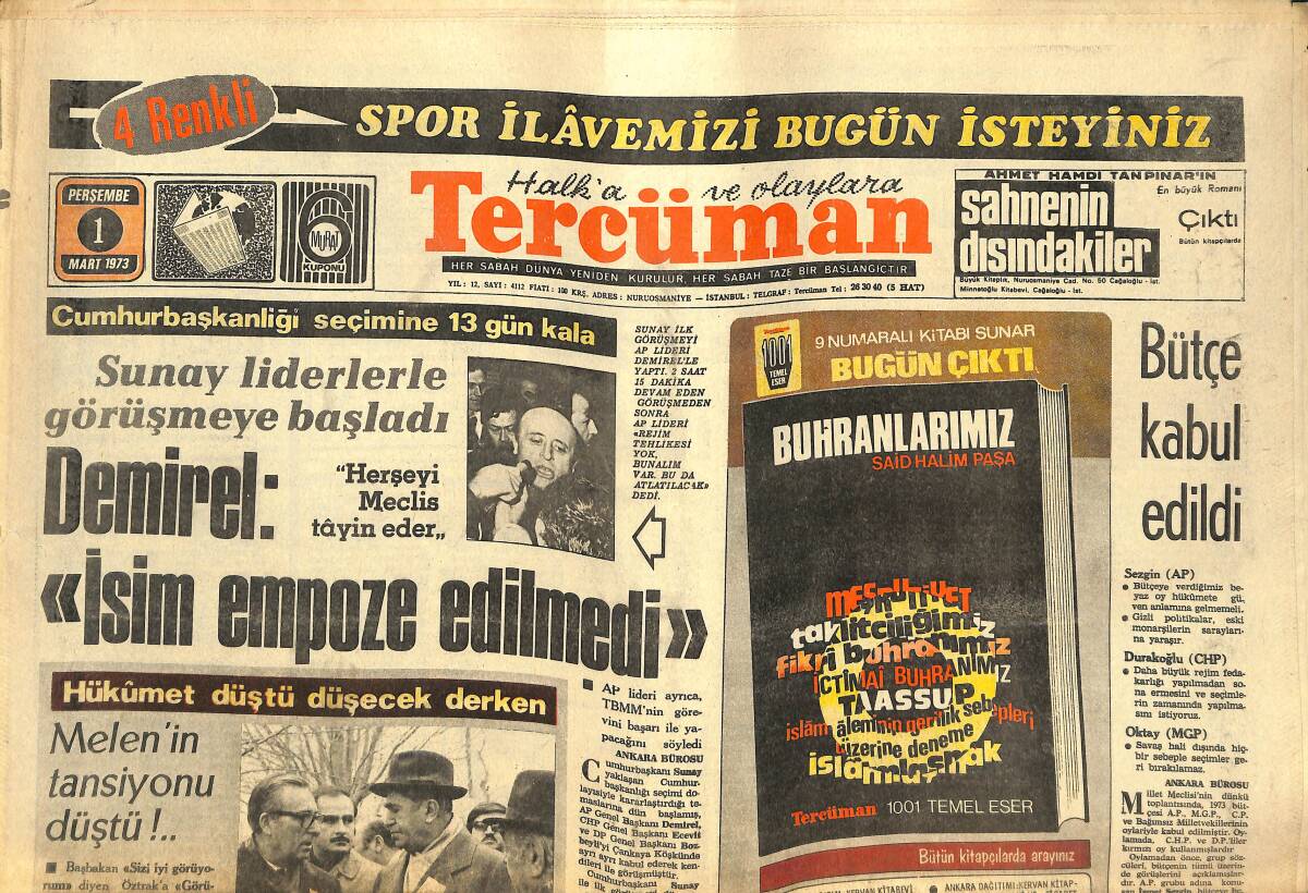 Tercüman Gazetesi 1 Mart 1973 - Fenerbahçe Yarı Finalde İkinci - Galatasaray Bursa'da Berabere Kaldı GZ141559 - 1