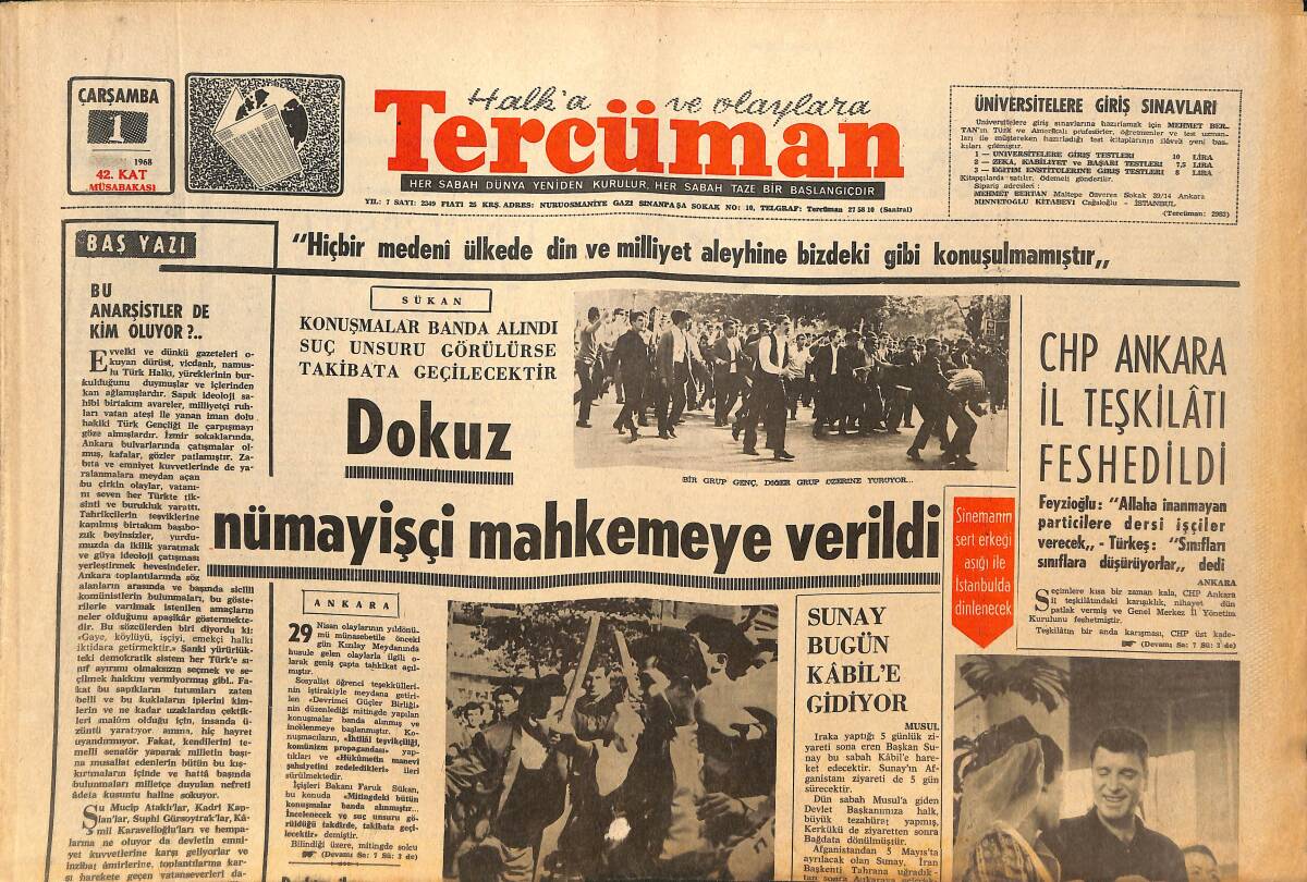 Tercüman Gazetesi 1 Mayıs 1968 - CHP Ankara İl Teşkilatı Feshedildi! - Cevdet Sunay Bugün Kabil'e Gidiyor! GZ145745 - 1