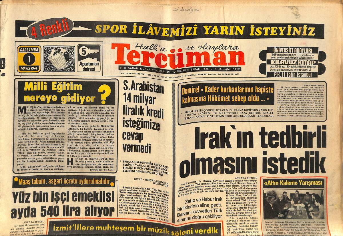 Tercüman Gazetesi 1 Mayıs 1973 - Irak'ın Tedbirli Olmasını İstedik - THY, DC-10 İle İlgili Davaların Amerika'da Açılmasını İstiyor GZ141452 - 1