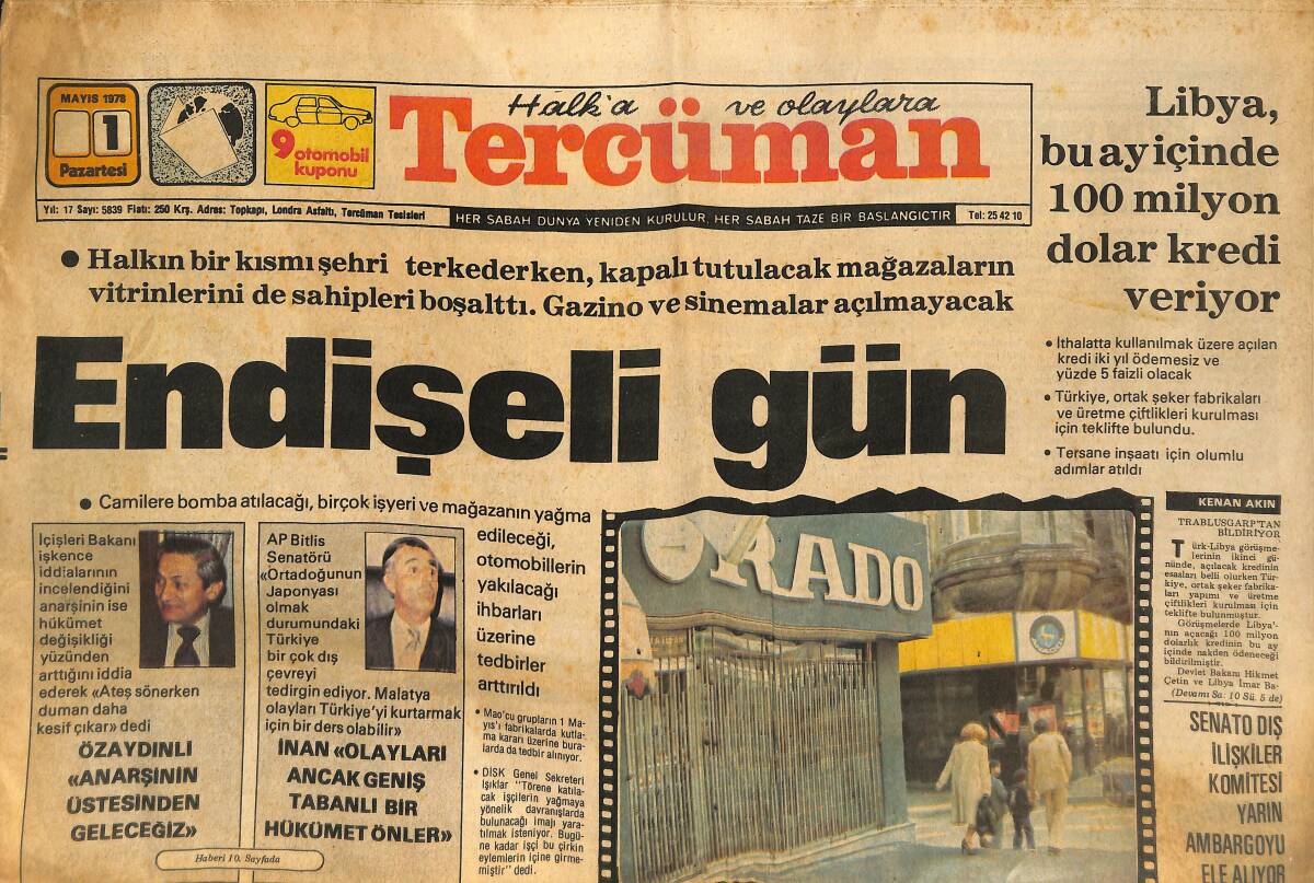 Tercüman Gazetesi 1 Mayıs 1978 - Kahramanmaraş'ta İşkence Yapıldığı Tesbit Edildi - 1 Mayıs Bölücülerin Silahı Olmuştur GZ133928 - 1