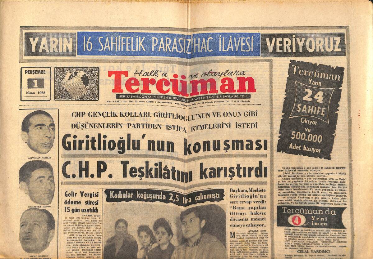 Tercüman Gazetesi 1 Nisan 1965 - Giritlioğlu'nun Konuşması CHP Teşkilatını Karıştırdı - Ali Fuat Başgil Dün Yargılandı GZ140588 - 1