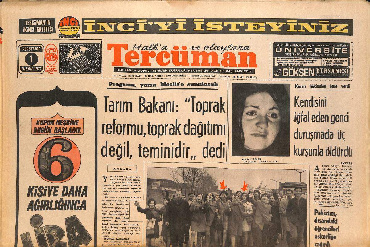 Tercüman Gazetesi 1 Nisan 1971 - Tarım Bakanı: Toprak Reformu, Toprak Dağıtımı Değil Teminidir Dedi! - Kaleci Varol 5 Yıl Hapse Mahkum Oldu! GZ145779 - 1